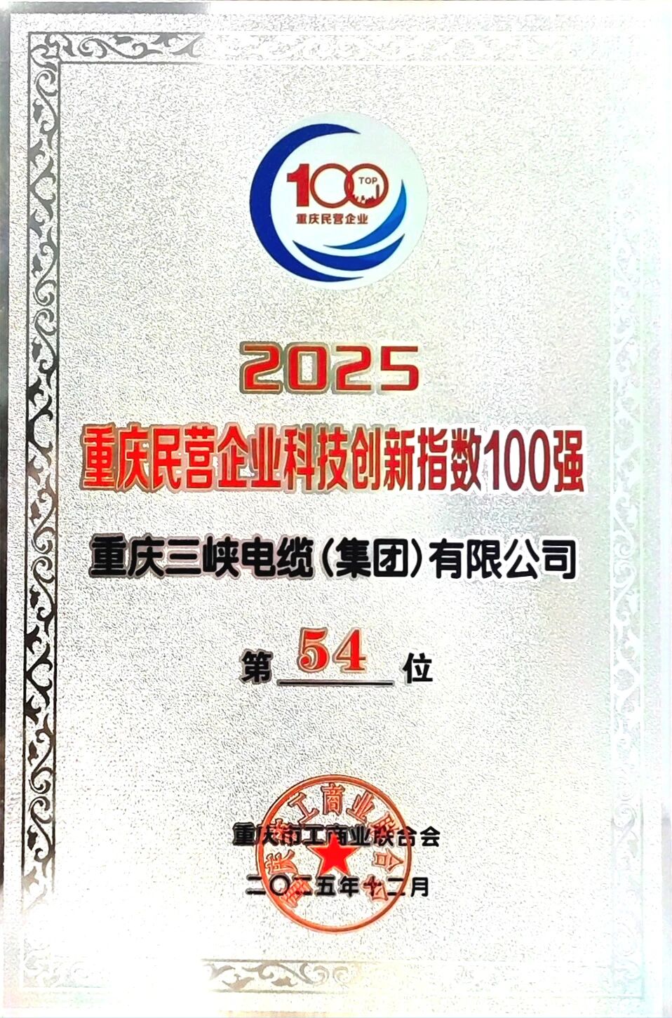 三峽資訊丨三峽電纜榮登重慶民營(yíng)企業(yè)科技創(chuàng)新指數(shù)100強(qiáng)