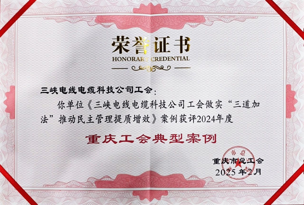 再獲殊榮！三峽電纜工會(huì)榮獲“重慶工會(huì)典型案例”